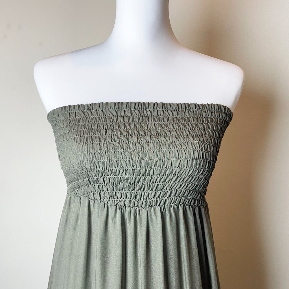 Guess Long Silk Maxi Dress | Fern/Green Color | Smocked Strapless | Size S | EUC - Picture 3 of 8